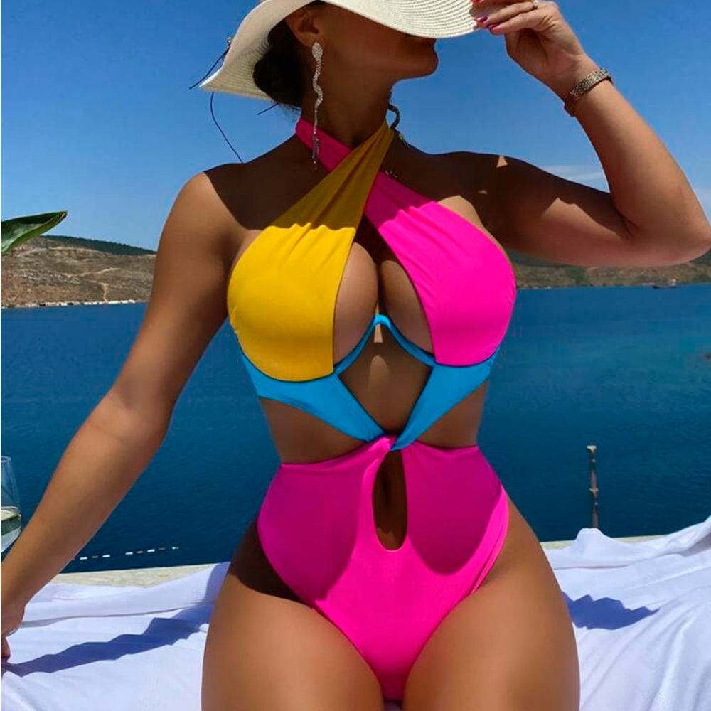 Vibrant Pink and Yellow Cutout Swimsuit